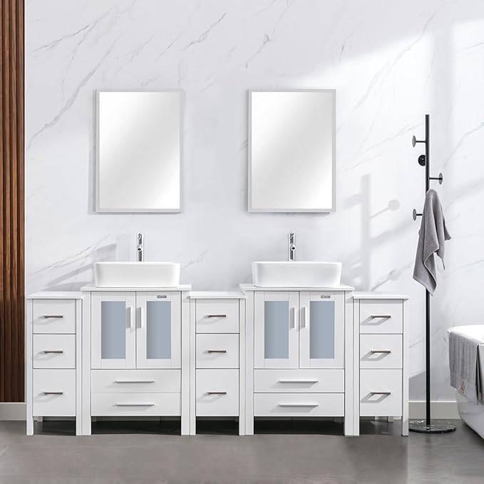 eclife 84" Modern Bathroom Vanity Sink Combo Freestanding Cabinet with Small Side Cabinet, White Rectangle Ceramic Vessel Sink, Water Save Faucet, Drain (White+T03)