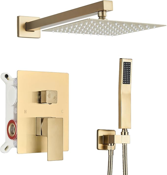Shower Faucet Rain Shower System with 8 Inches Rainfall Shower Head and Handheld Spray Combo Bathroom Shower Faucet Set Complete Brushed Gold Shower Valve and Trim Kit Wall Mounted