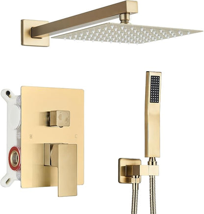 Shower Faucet Rain Shower System with 8 Inches Rainfall Shower Head and Handheld Spray Combo Bathroom Shower Faucet Set Complete Brushed Gold Shower Valve and Trim Kit Wall Mounted