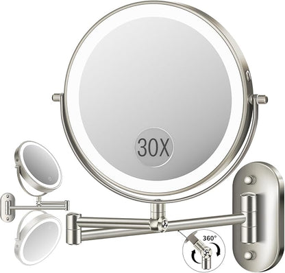 9'' 30X/1X Wall Mounted Height Adjustable Lighted Magnifying Makeup Mirror | 5000mAh Rechargeable Bathroom Mirror with 3 Color Modes Light, Extended Arm Space Saving for Apartment, Hotel, Rental House