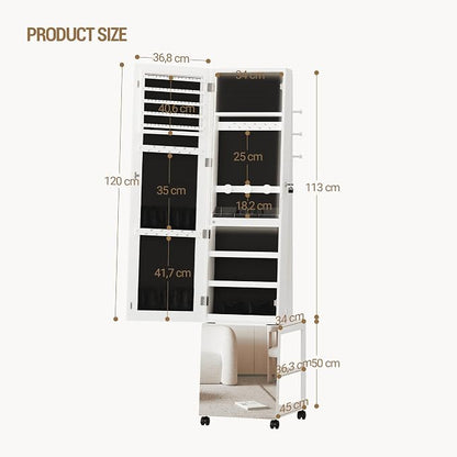 Hzuaneri Jewelry Cabinet with Light strip, 66.5-inch mirror Jewelry Armoire Standing with Garment Rack,Movable Full-length Mirror with Wheels,Lockable Storage Shelves with Hooks, White JC17103B