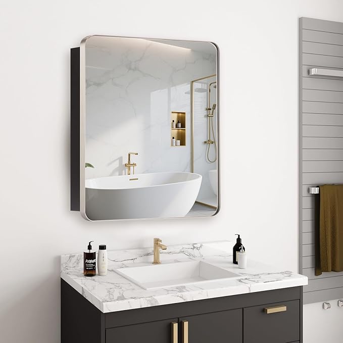 16’’x20’’ Medicine Cabinet,Metal Framed Medicine Cabinet Mirror with Round Corner,Recessed and Surface Mount Bathroom Mirror with Storage, Removeable Shelves,Sliver