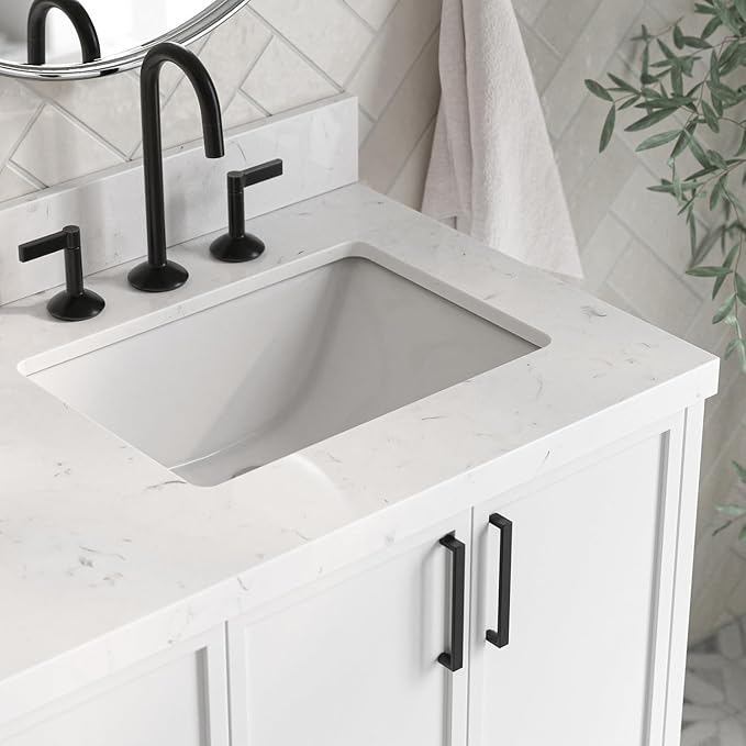 ARIEL Kelly 66-inch Bathroom Vanity with Sink,Solid Wood, 1.5-inch Carrara White Quartz Countertop & Backsplash, Double Rectangular Porcelain Sink, 4 Soft Closing Doors, 5 Dovetail Drawers, White