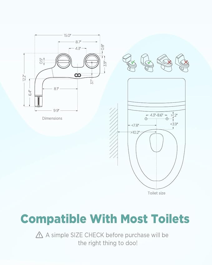 Ciays Bidet Attachment for Toilet Ultra-Slim Bidet Sprayer with Pressure Controls Non-Electric Dual Nozzles for Feminine/Posterior Wash, Sliver and White