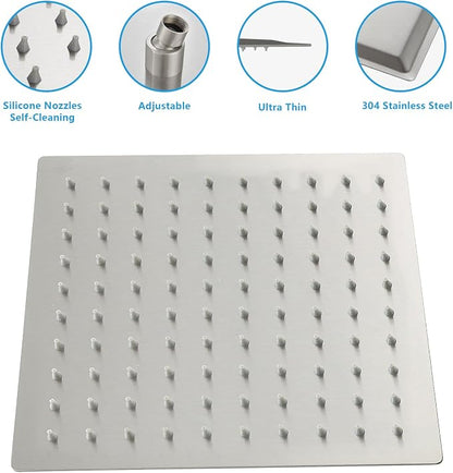 Lordear Rain Shower Heads High Pressure, Rainfall Showerhead for Bathroom Fixed Mount, 8 Inch Large Square High Flow Shower Head (Brushed Nickel)