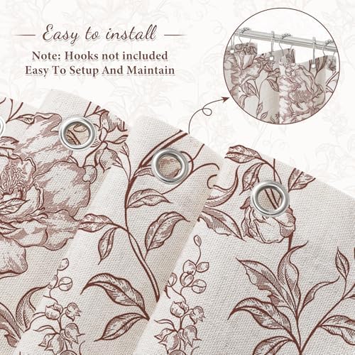 Burgundy Boho Linen Fabric Shower Curtain ,Farmhouse Floral For Bathroom