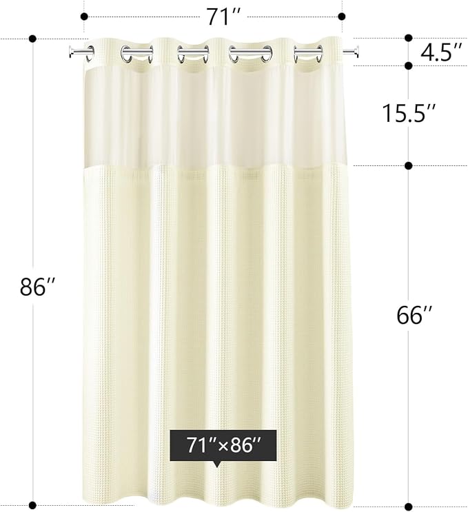 River Dream Cotton Blend Fabric Shower Curtain Set with Liner, Cream, 71x86 | Waffle Weave, No Hook Needed, with Snap in Replacement Liner, Top Sheer Window, Hotel Quality for Bathroom, Extra Long