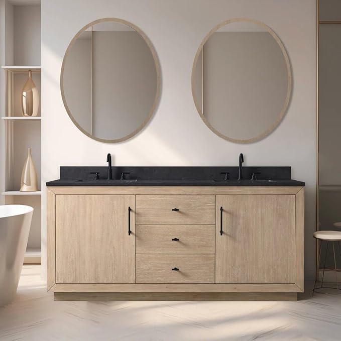 Vanity Art 72 inch Double Sink Bathroom Vanity, Vanity Cabinet with Doors and Shelf, Modern Wood Bathroom Vanity with White Marble Top, Solid Wood Frame, 3 Functioning Drawers,VA70-72-DLW-B