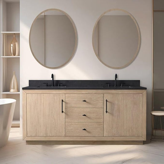 Vanity Art 72 inch Double Sink Bathroom Vanity, Vanity Cabinet with Doors and Shelf, Modern Wood Bathroom Vanity with White Marble Top, Solid Wood Frame, 3 Functioning Drawers,VA70-72-DLW-B