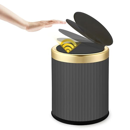 Motion Sensor Trash Can with Lid,Touchless Sensor Bathroom Trashcan | 3.7 Gallon Dog Proof Smart Sensor Wastebasket,Diaper Trash Bin,Plastic Garbage Can for Bedroom,Office,Kitchen-Black and Gold