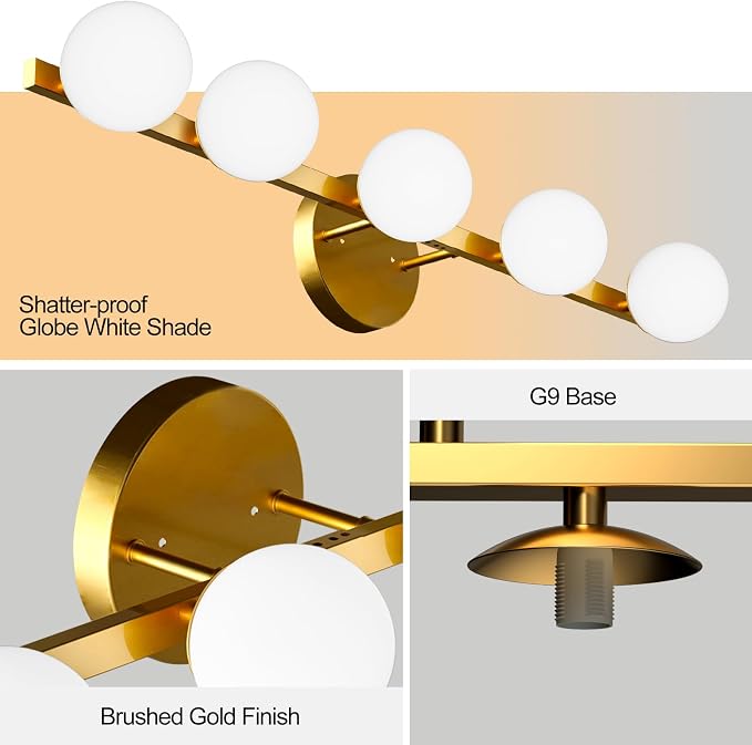 Lightdot 5 Light Bathroom Vanity Light, 31" Modern Gold Vanity Lights with Globe Water/Shatterproof PC Lampshade, Rust-Proof Bathroom Light Fixtures Over Mirror for Kitchen Hallway Cabinet Porch