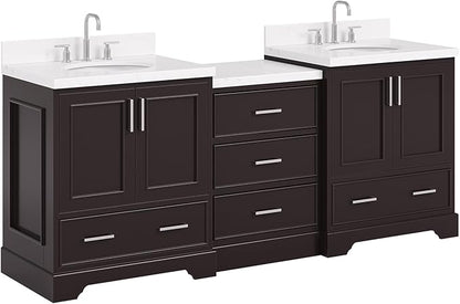 ARIEL Stafford 84-inch Bathroom Vanity with Sink,Solid Wood, 1.5in Carrara White Quartz Countertop & Backsplash, Double Oval Porcelain Sink, 4 Soft Closing Doors, 5 Dovetail Drawers, Espresso