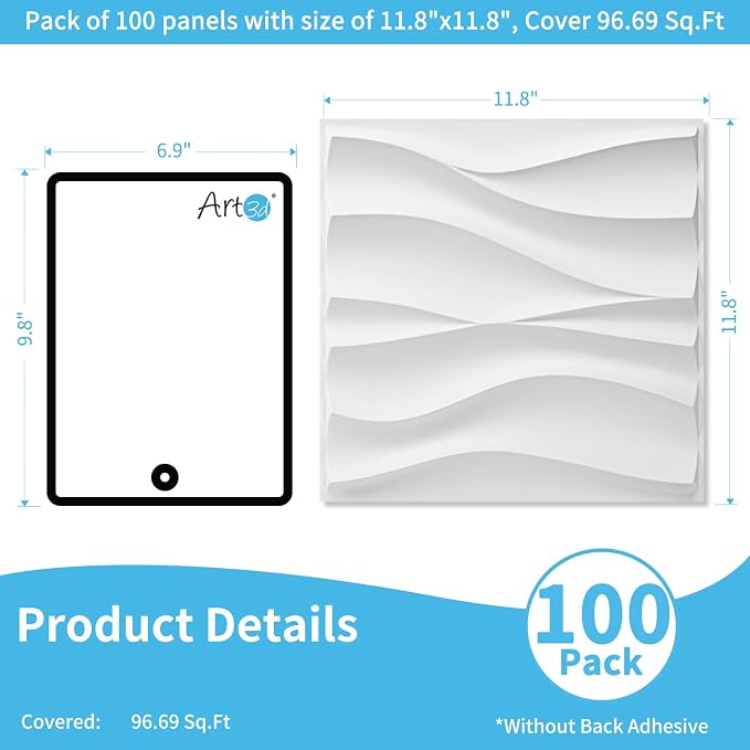 Art3d 100 Pack Decorative 3D Wall Panels, 97 Sq.Feet PVC Interior Wall Décor, 11.8"x11.8", White