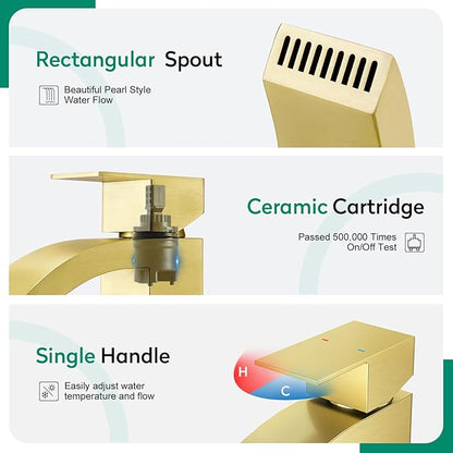 CREA Gold Waterfall Bathroom Faucet Single Hole,Brushed Gold Faucet for Bathroom Vanity Single Handle Bathroom Sink Faucet 1 Hole,Stainless Steel Utility Sink Faucet for RV Bar Lavatory(Pop Up Drain)
