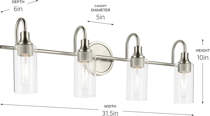 Kichler Kavi 31.5" 4-Light Vanity Light with Clear Glass in Brushed Nickel, Damp Rated, for Bathroom, Powder Room, Over a Mirror, (31.5" W x 10" H), 55212NI