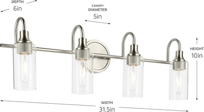 Kichler Kavi 31.5" 4-Light Vanity Light with Clear Glass in Brushed Nickel, Damp Rated, for Bathroom, Powder Room, Over a Mirror, (31.5" W x 10" H), 55212NI