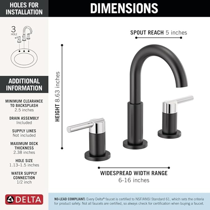 Delta Faucet Nicoli Widespread Bathroom Faucet 3 Hole, Black/Chrome Bathroom Faucet, Bathroom Sink Faucet, 2 Handle Bathroom Faucet, Bath Faucet, Drain Assembly, Matte Black/Chrome 35749LF-CS