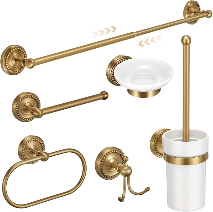 6 Pcs Antique Brass Gold Bathroom Hardware Set, Adjustable Towel Bar Holder (15.7-26.7 Inch), Toilet Paper Holder, Robe Hook, Toilet Brush & Soap Dish, Vintage Wall Mounted Accessories
