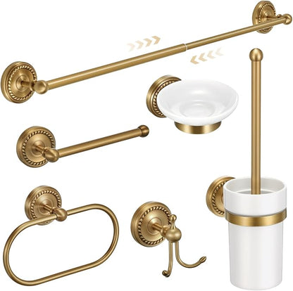 6 Pcs Antique Brass Gold Bathroom Hardware Set, Adjustable Towel Bar Holder (15.7-26.7 Inch), Toilet Paper Holder, Robe Hook, Toilet Brush & Soap Dish, Vintage Wall Mounted Accessories