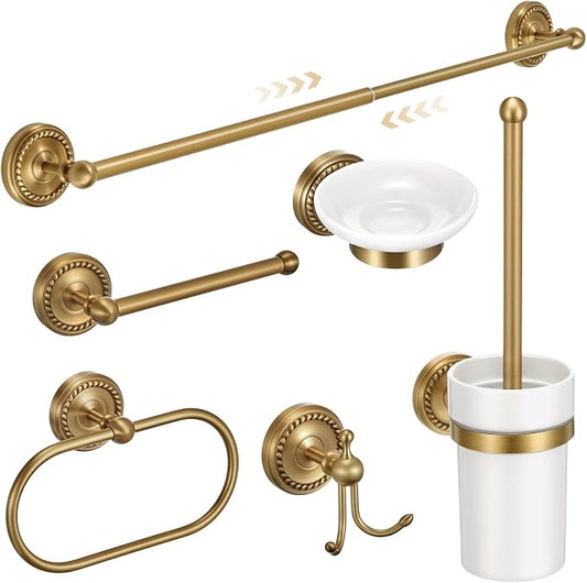 6 Pcs Antique Brass Gold Bathroom Hardware Set, Adjustable Towel Bar Holder (15.7-26.7 Inch), Toilet Paper Holder, Robe Hook, Toilet Brush & Soap Dish, Vintage Wall Mounted Accessories