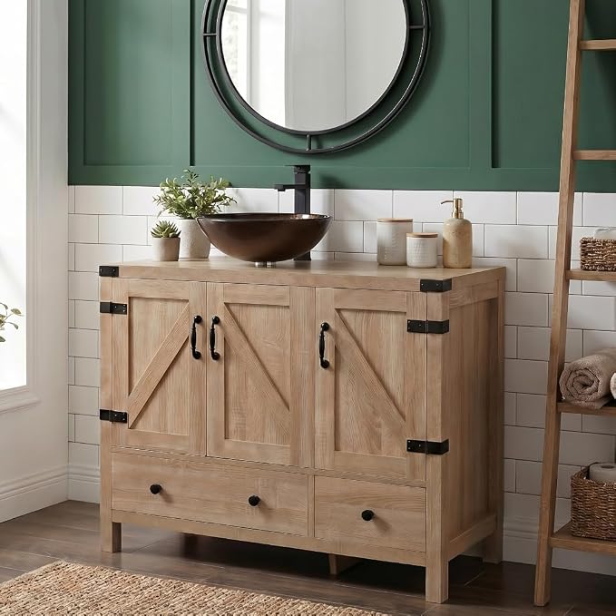 36" Natural Color Bathroom Vanity, Rustic Fixture Standing Pedestal Cabinet with Brown Round Glass Sink