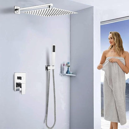 Shower Faucet Set 16 Inch Wall Mount Rain Shower System, All Metal Shower Fixtures - Polished Chrome