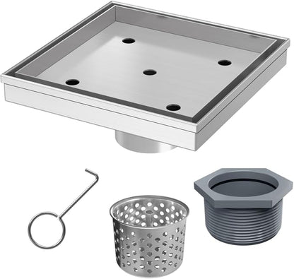6 Inch Square Shower Drain with Tile Insert Grate, Brushed | 304 Stainless Steel, Square Tile Floor Drain for Bathroom, Removable Tile-In Drain Grate with Hair Strainer, cUPC Certified