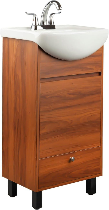 Petite 18 Inch Bathroom Vanity with Sink, Small Freestanding Bathroom Cabinet, Space-Saving Vanity Sink Combo Design, Dual Storage, Spicy Walnut