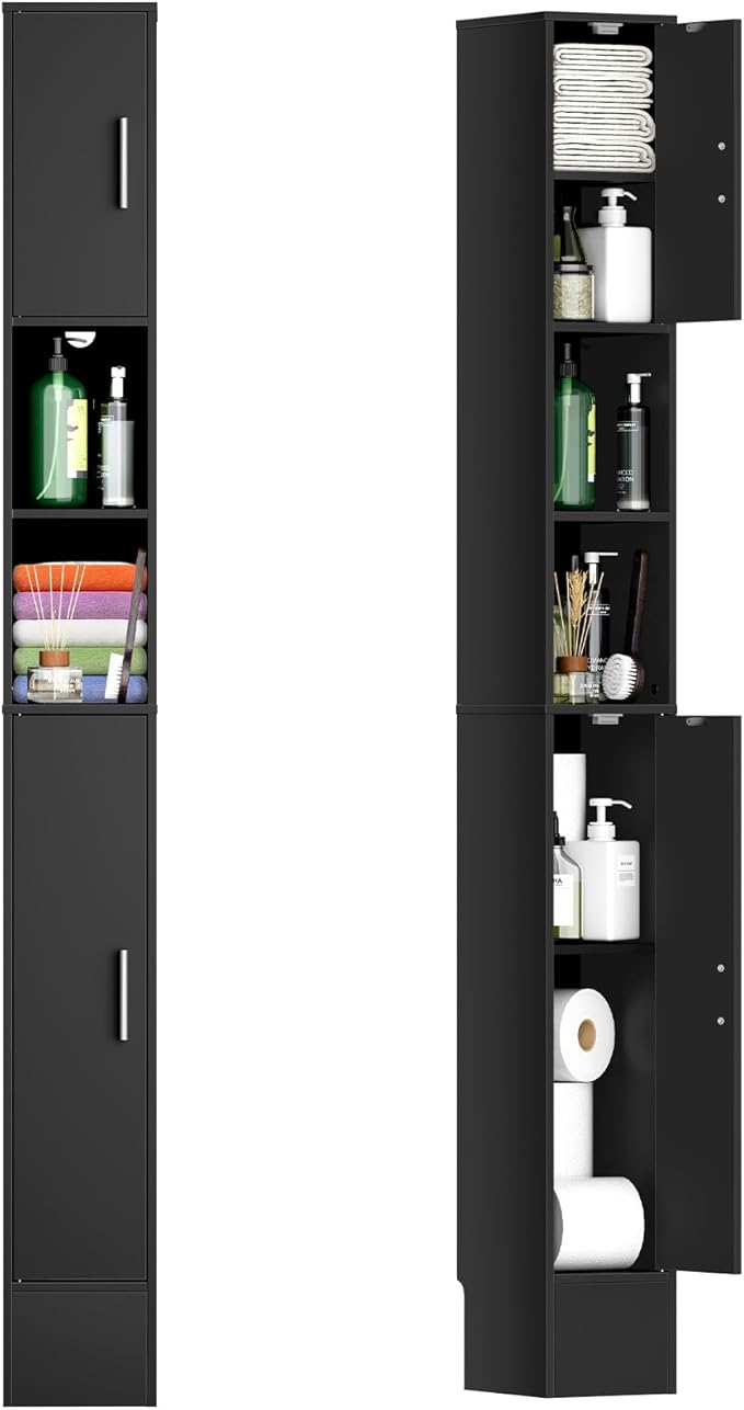 MOHOPE Narrow Bathroom Storage Cabinet, 72" Tall Slim Bathroom Cabinet with 2 Doors & Adjustable Shelves, Skinny Freestanding Floor Cabinet for Small Spaces, Living Room, Black