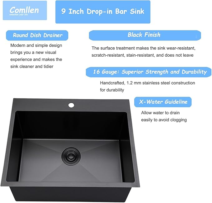 Comllen 18x18 Inch Drop in Black Bar Sink,Top Mount Handmade 16 Gauge Stainless Steel Small Black Kitchen Sink,9 Inch Deep Single Bowl Wet Bar Sink with Stainless Steel Grid & Strainer