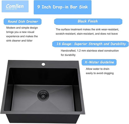 Comllen 18x18 Inch Drop in Black Bar Sink,Top Mount Handmade 16 Gauge Stainless Steel Small Black Kitchen Sink,9 Inch Deep Single Bowl Wet Bar Sink with Stainless Steel Grid & Strainer