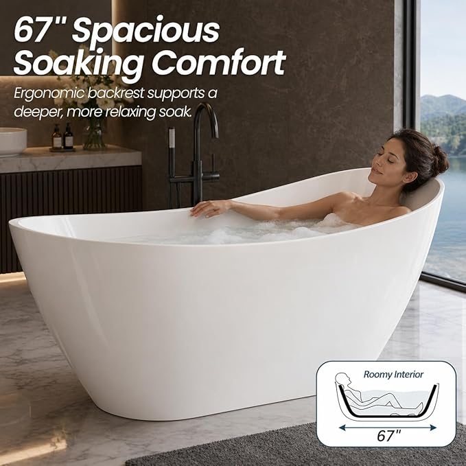 59 Inch Acrylic Freestanding Bathtub, Deep Soaking Tub with Non-Slip Base, cUPC Certified Free Standing Modern Bath Tub with Chrome Drain, Easy-Clean White Soaking Tub for Bathroom, Home Spa
