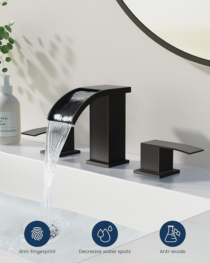 gotonovo Waterfall Bathroom Faucet 3 Hole Square Body,Oil Rubbed Bronze | SUS304 8’’ Widespread Bathroom Sink Faucet,2.17’’ Wide Spout,24’’ cUPC Hose,Pop Up Drain,2 Handle,Vanity,Lavatory,Basin,RV