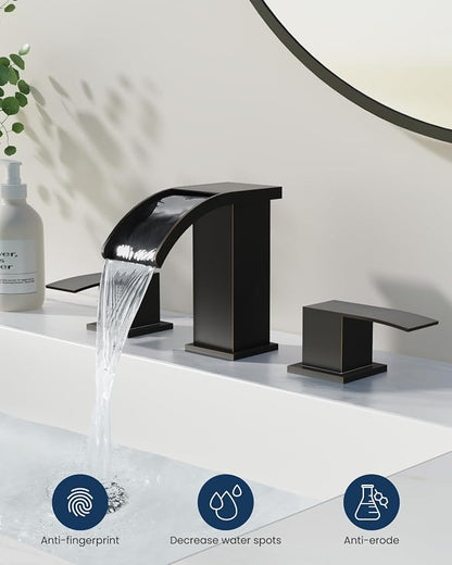 gotonovo Waterfall Bathroom Faucet 3 Hole Square Body,Oil Rubbed Bronze | SUS304 8’’ Widespread Bathroom Sink Faucet,2.17’’ Wide Spout,24’’ cUPC Hose,Pop Up Drain,2 Handle,Vanity,Lavatory,Basin,RV