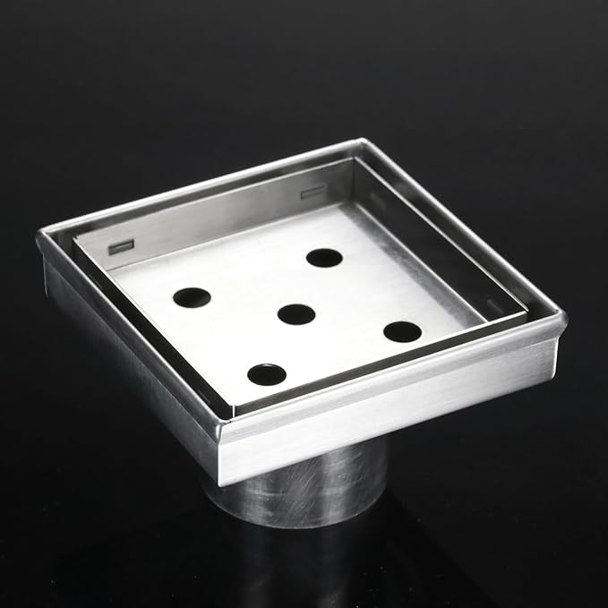 4 Inch Square Shower Drain with Tile Insert Grate, Brushed | 304 Stainless Steel, Square Tile Floor Drain for Bathroom, Removable Tile-In Drain Grate with Hair Strainer, cUPC Certified