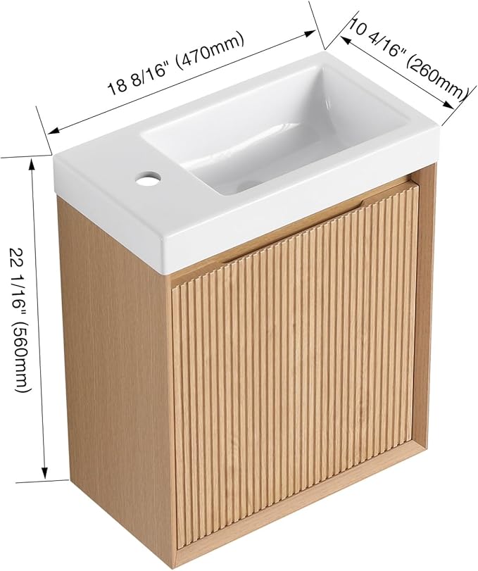 18.5" Bathroom Vanity with Resin Sink, Wall-Mounted Floating Bathroom Vanity with Soft Closed Single Door & Hidden Handle for Home, Undermount Storage Cabinet, Easy to Clean, Natural Wood