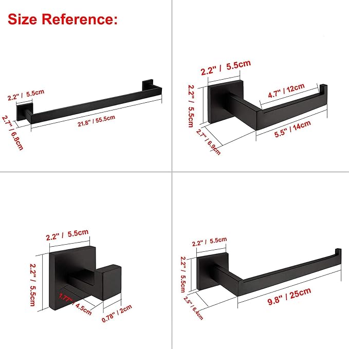 Rustproof 5-Piece Black Bathroom Hardware Set Including 24inch Towel Bar Toilet Paper Holder Towel Holder Robe Hook SUS304 Stainless Steel Wall Mount Contemporary Square Style Accessory,Matte Black