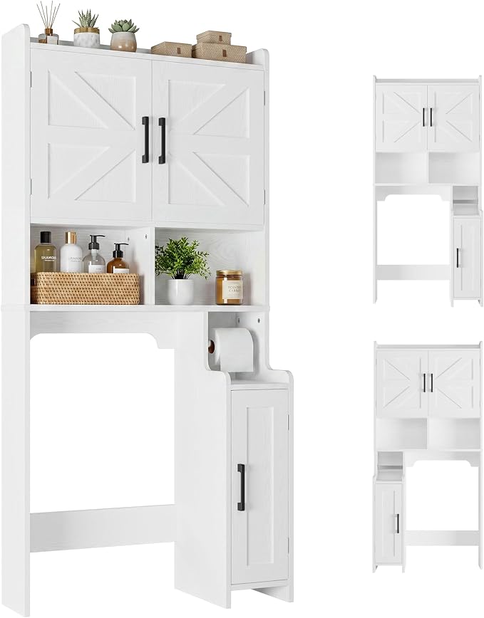 IRONCK 67 in Over The Toilet Storage Cabinet with Adjustable Shelves White | waterproof; side cabinet; toilet paper holder; anti-tip stable frame; bathroom laundry room; barn door farmhouse decor
