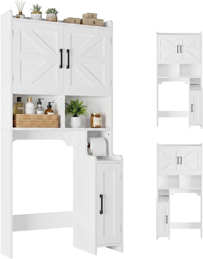 IRONCK 67 in Over The Toilet Storage Cabinet with Adjustable Shelves White | waterproof; side cabinet; toilet paper holder; anti-tip stable frame; bathroom laundry room; barn door farmhouse decor
