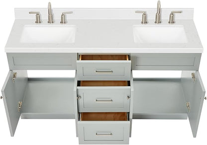 DKB Bradford 66-Inch Grey Double Bathroom Vanity, 1.5-Inch Carrara Quartz Countertop & Splash, Double Rectangular Sinks, 2 Soft Closing Doors, 3 Dovetail Drawers, Toe Kick, Brushed Nickel