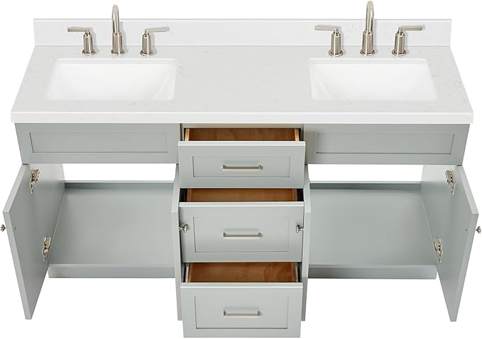 ARIEL Hamlet 66-inch Bathroom Vanity with Sink,Solid Wood, 1.5-inch Carrara White Quartz Countertop & Backsplash, Double Rectangular Porcelain Sink, 4 Soft Closing Doors, 3 Dovetail Drawers, Grey