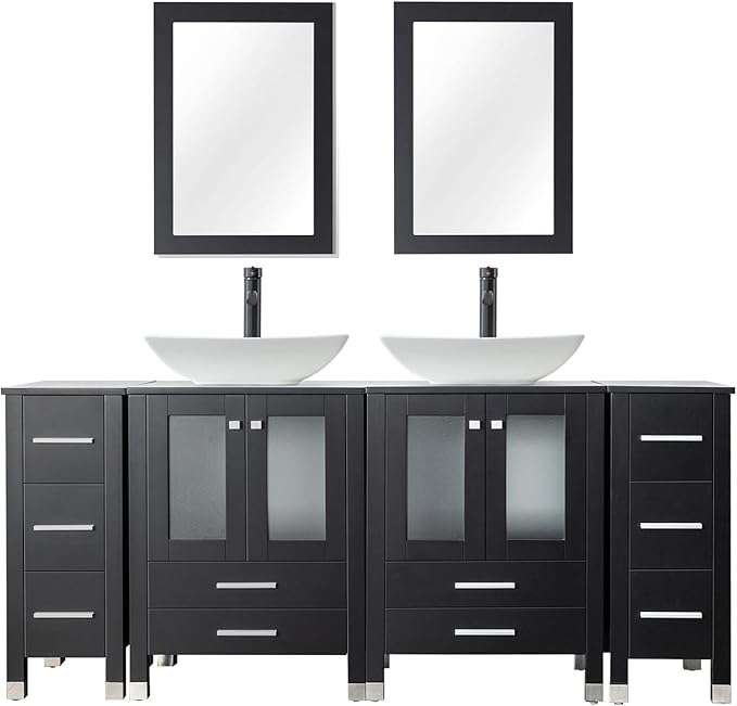 LUCKWIND 72" Double 24-in Bathroom Vanity with Sink Combo, Elegant Series with Two 12.6-in Side Cabinets, Painted Frame, Including Curved Rectangle Sinks, Faucets Without Mirrors, Black