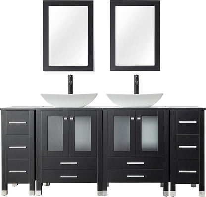 LUCKWIND 72" Double 24-in Bathroom Vanity with Sink Combo, Elegant Series with Two 12.6-in Side Cabinets, Painted Frame, Including Curved Rectangle Sinks, Faucets Without Mirrors, Black