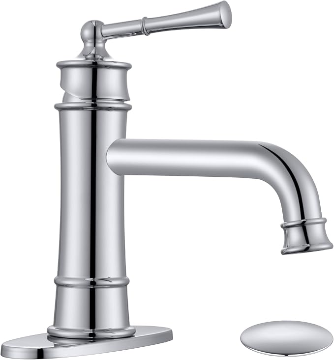 Antique Brass Bathroom Faucet Single Handle, Polished Chrome | Bathroom Faucet 1 or 3 Hole, Sink Faucet with Pop Up Drain Supply Hose for Vanity Lavatory RV Farmhouse(L2301-CP)