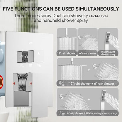 Shower System Shower Faucet Set, STARBATH 12"+6" Wall Mount Rain Shower Head and Handheld Spray for Two Person, Rainfall Shower System with Diverter Valve and Trim Kit Complete,Chrome