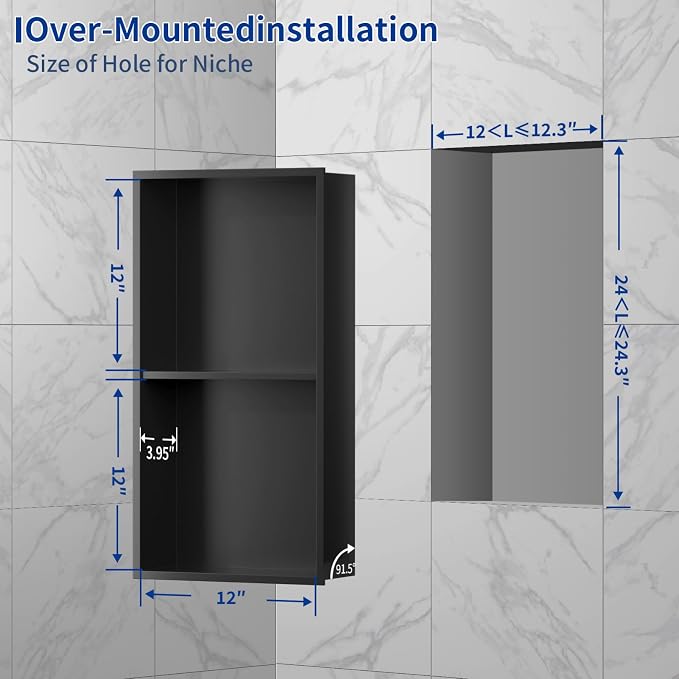 304 Stainless Steel Recessed Shower Niche 24" X 12" No Tile Needed | Waterproof Rustproof Matte Black Bathroom Niche for Shower Double Shelves, for Shower Wall &Bathroom Storage and Space Saving
