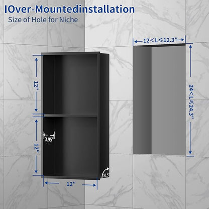 304 Stainless Steel Recessed Shower Niche 24" X 12" No Tile Needed | Waterproof Rustproof Matte Black Bathroom Niche for Shower Double Shelves, for Shower Wall &Bathroom Storage and Space Saving