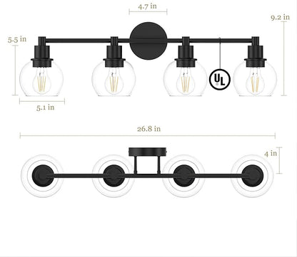 Espird 4 Lights Bathroom Vanity Light Fixtures Black, Bathroom Lights Over Mirror, Industrial and Farmhouse 4 Lights Wall Sconce, Matte Black Globe Vanity Lighting Fixtures