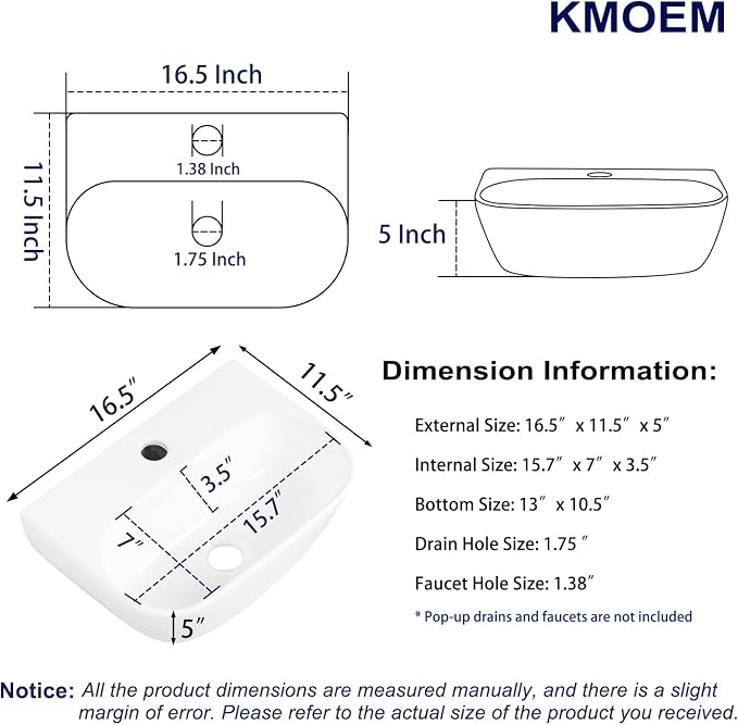 Small Vessel Sink 17"x12" Wall Mount Bathroom Sink Wall Mounted Oval Wall Hung Mini White Porcelain Ceramic Floating Tiny Sink,Easy Install, Durable, Space-Saving, Ideal for Home,RV