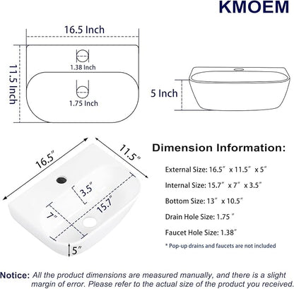 Small Vessel Sink 17"x12" Wall Mount Bathroom Sink Wall Mounted Oval Wall Hung Mini White Porcelain Ceramic Floating Tiny Sink,Easy Install, Durable, Space-Saving, Ideal for Home,RV